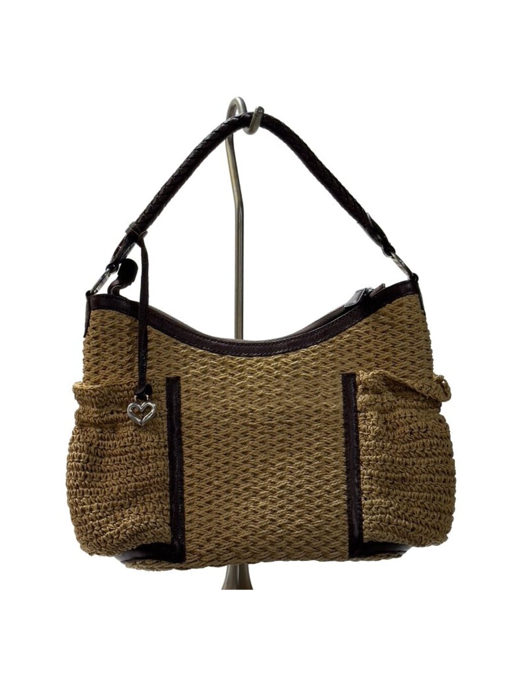 BRIGHTON Women's Woven Jute/Leather Hobo Bag Braided Leather Handle Zip Closure